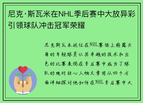 尼克·斯瓦米在NHL季后赛中大放异彩引领球队冲击冠军荣耀